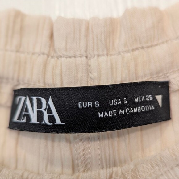 Zara Beige Textured Wave Crinkle Gauze Wide Leg Elastic Waist Sz S Pockets Boho - Picture 9 of 13